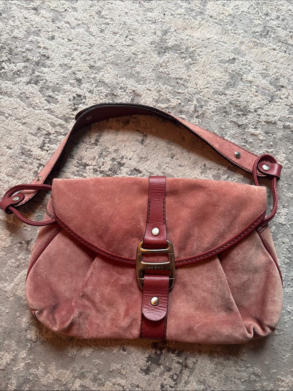 Hogan luxury made in Italy Suede Shoulder Bag in Dusty Rose and Burgundy Trim